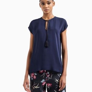 Giorgio Armani Main Line Galaxy Blue 100% Silk Georgette Keyhole Blouse, Size 4